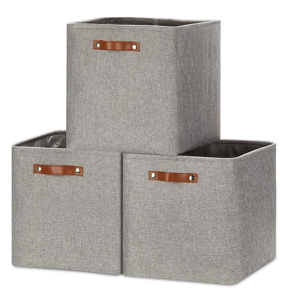 Fabric Storage Boxes | Durable Canvas & Leather Handles | Grey, Collapsible