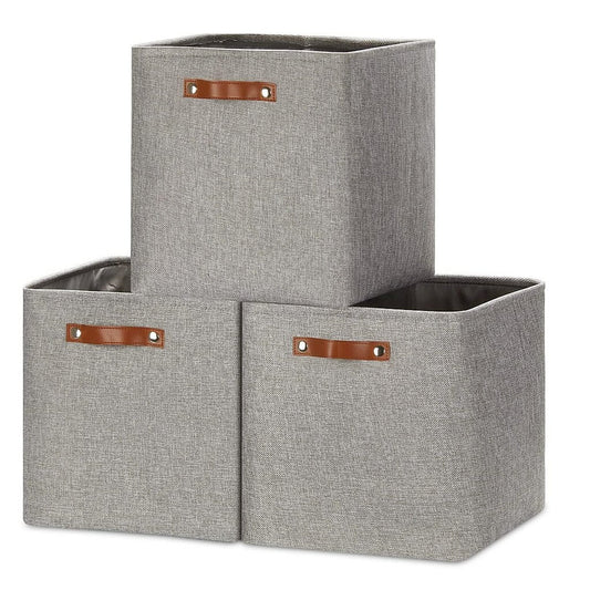 Fabric Storage Boxes | Durable Canvas & Leather Handles | Grey, Collapsible