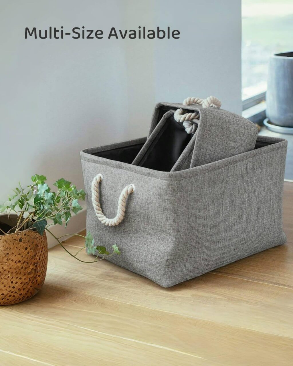 Grey Storage Baskets | Durable Fabric with Rope Handles | Set of 3 Sizes