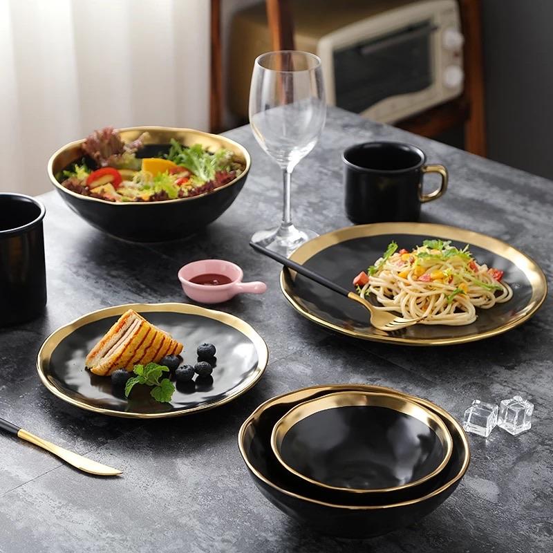Pearl Plate Set | Handmade Fine Porcelain | Gold Rimmed, Cream & Black
