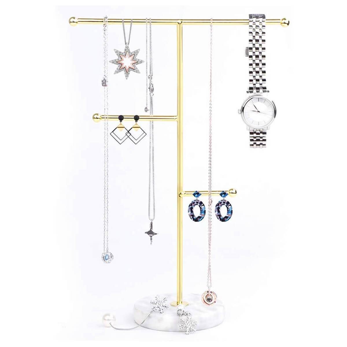 Jewelry Stand Organizer | Gold Metal with Marble Tray | 8x18.5x24.5 cm