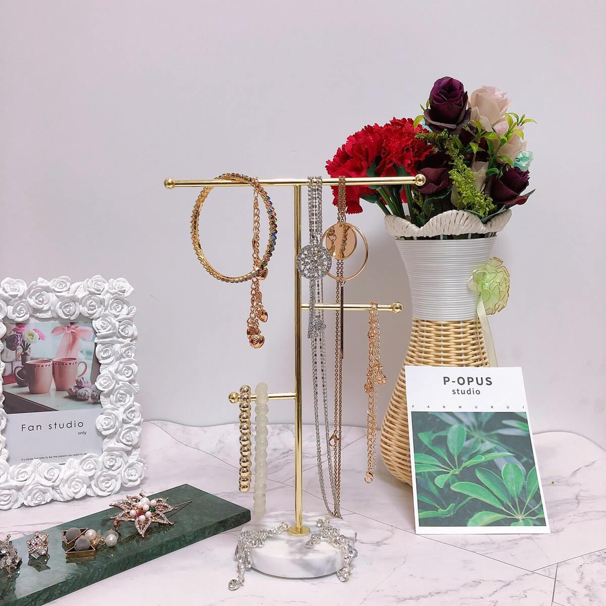 Jewelry Stand Organizer | Gold Metal with Marble Tray | 8x18.5x24.5 cm