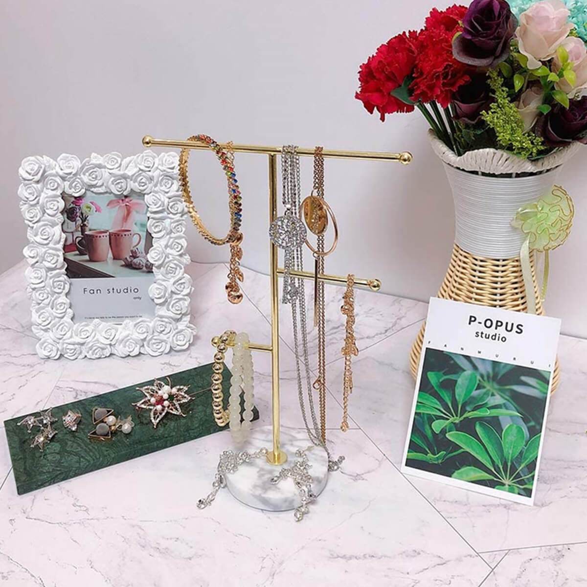 Jewelry Stand Organizer | Gold Metal with Marble Tray | 8x18.5x24.5 cm