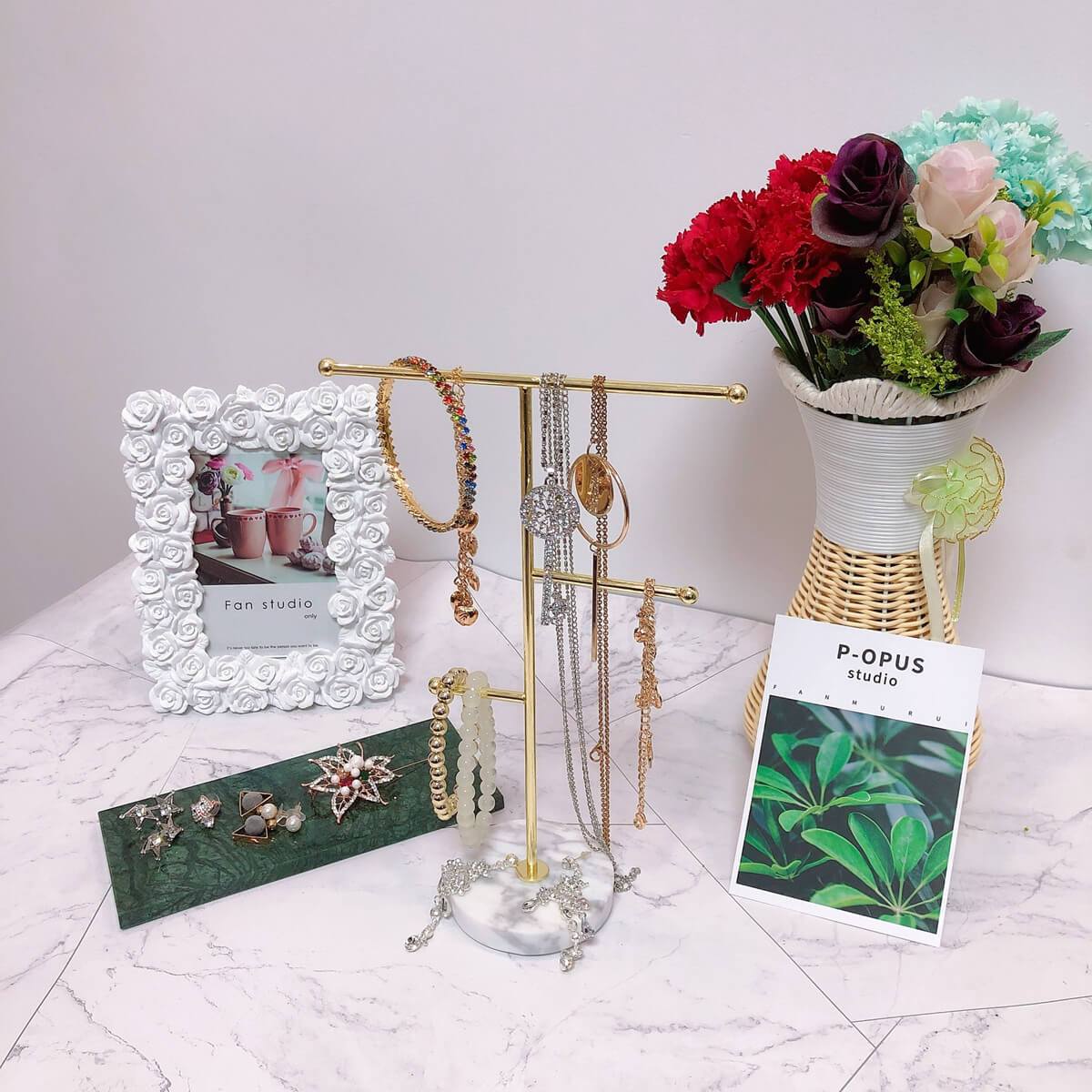 Jewelry Stand Organizer | Gold Metal with Marble Tray | 8x18.5x24.5 cm