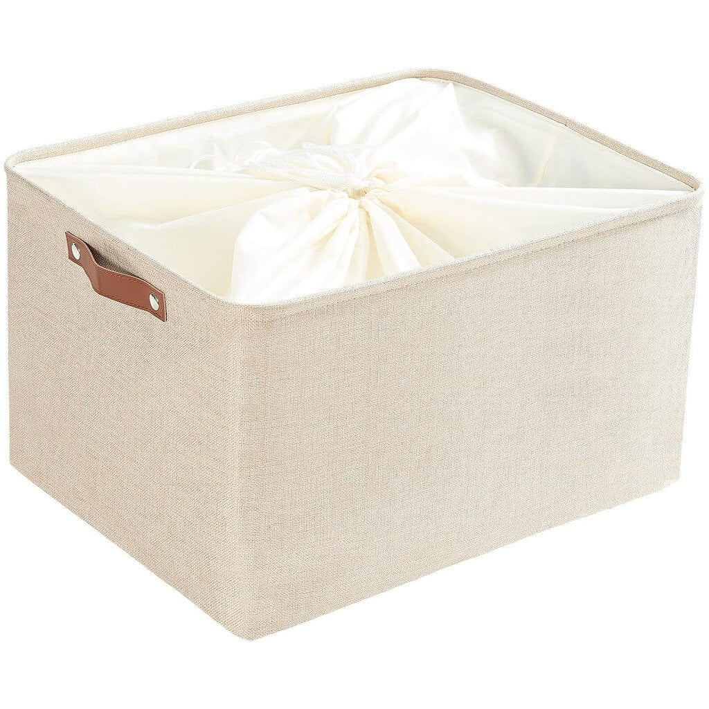 Collapsible Storage Box | Durable Linen with Leather Handles | Beige
