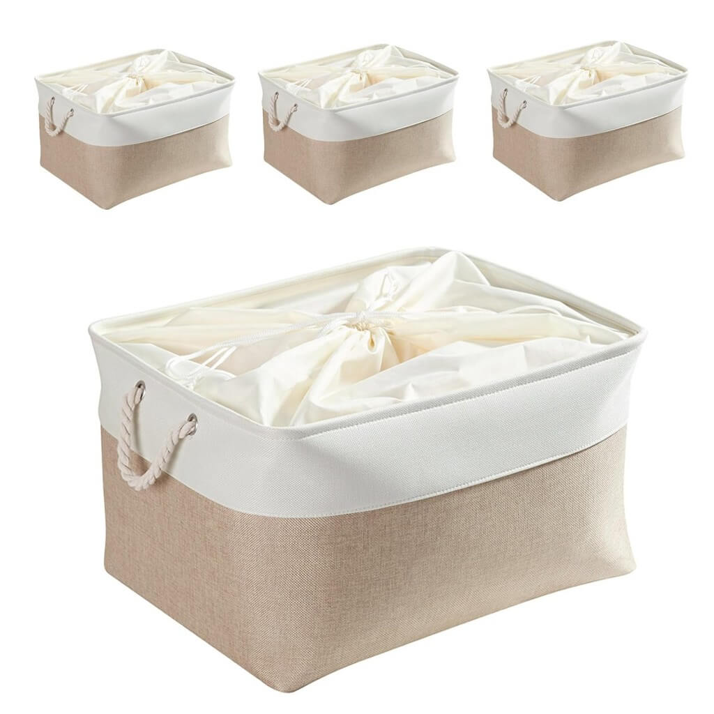 Fabric Storage Baskets | White & Khaki Rope Handles | Set of 5