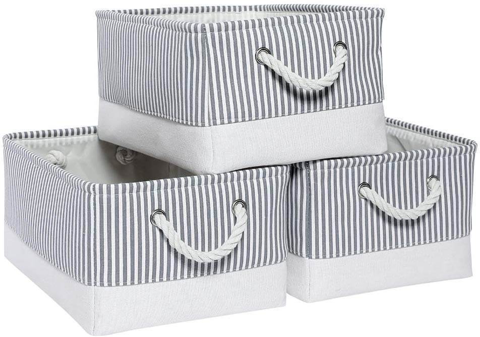 Collapsible Storage Baskets | Durable Three-Layer Fabric | Grey Stripe | Set of 3