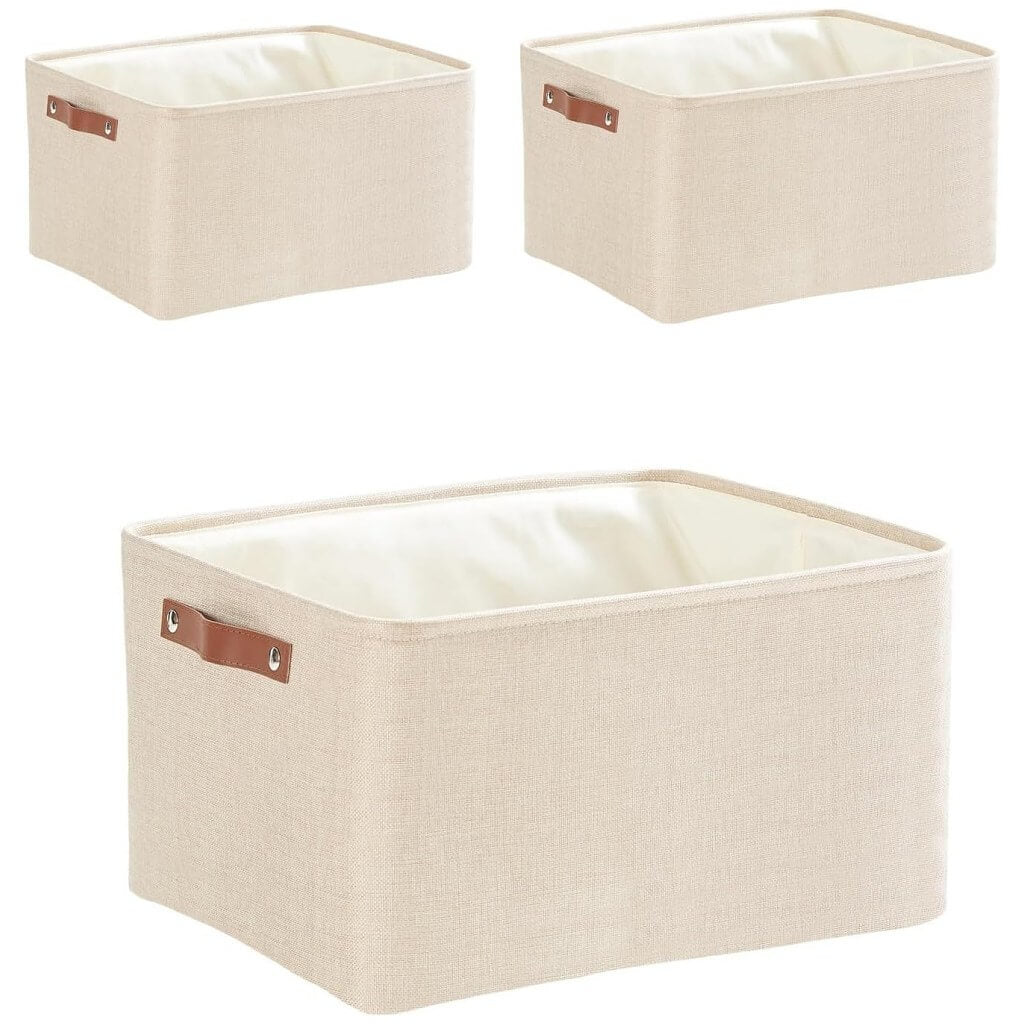 Collapsible Storage Box | Durable Linen with Leather Handles | Beige