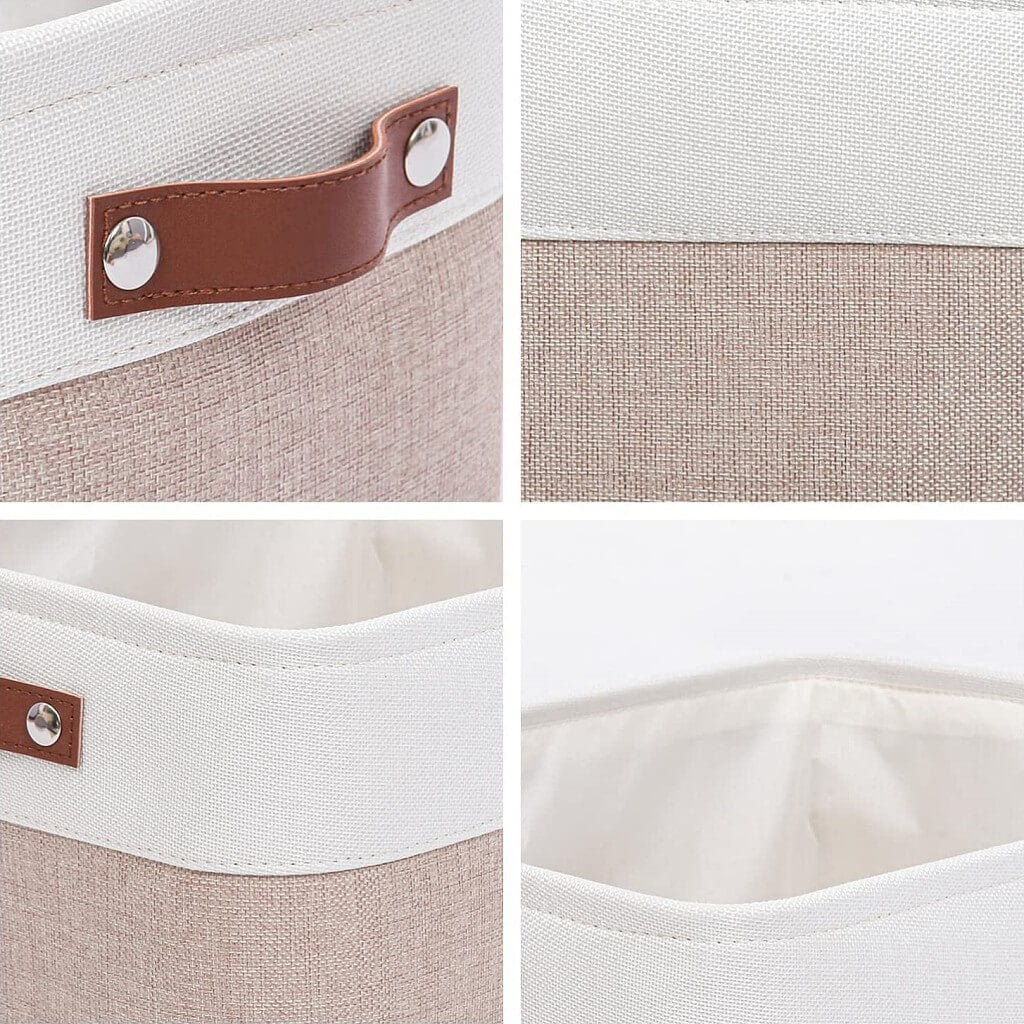 Fabric Storage Boxes | Collapsible with Leather Handles | Set of 3, White & Khaki