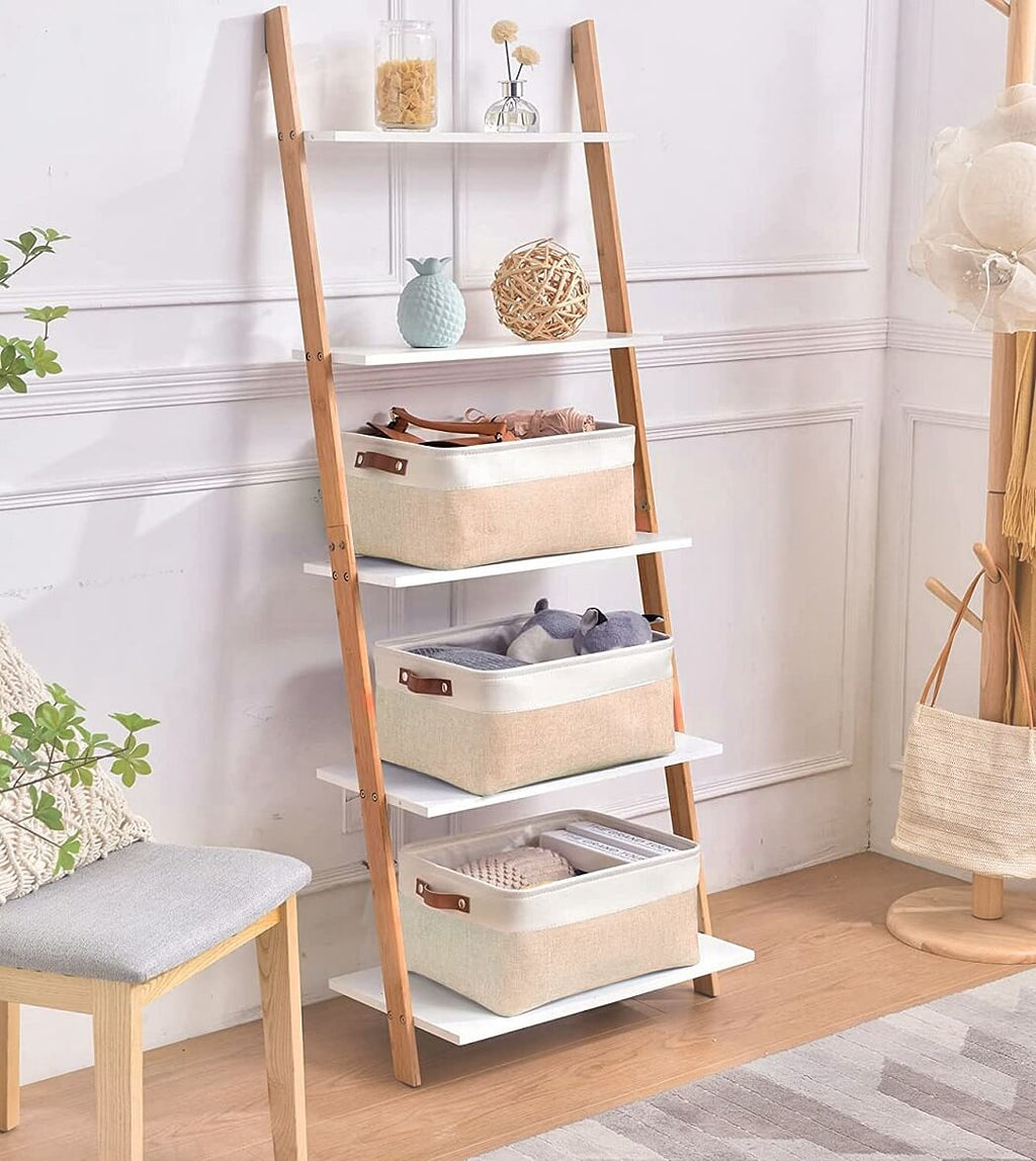Fabric Storage Boxes | Collapsible with Leather Handles | Set of 3, White & Khaki