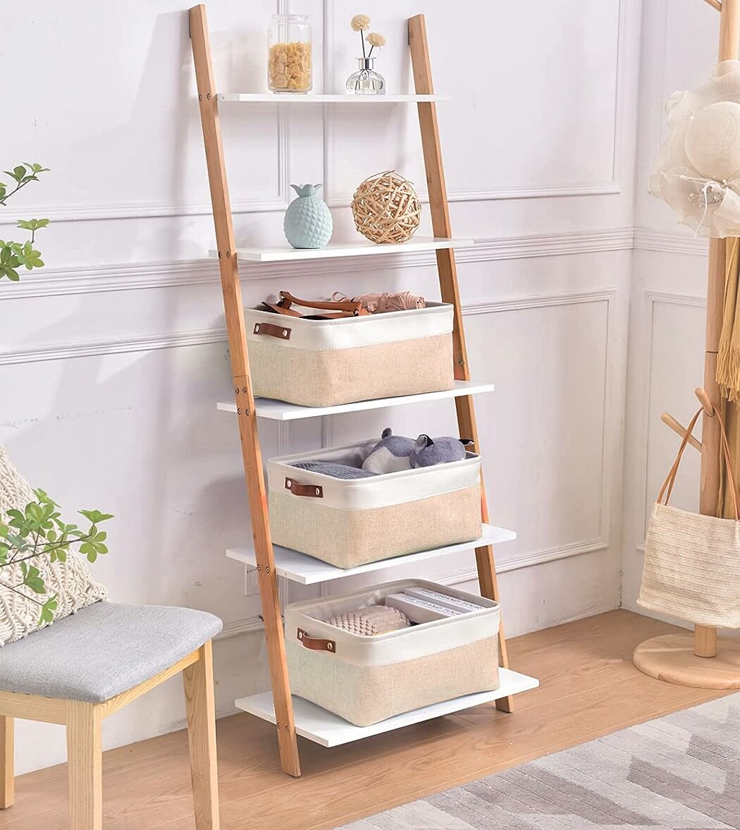 Fabric Storage Boxes | Collapsible with Leather Handles | Set of 3, White & Khaki