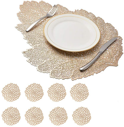 Leaf Vinyl Table Mats and Coasters Set | Eco-Friendly PVC | Gold