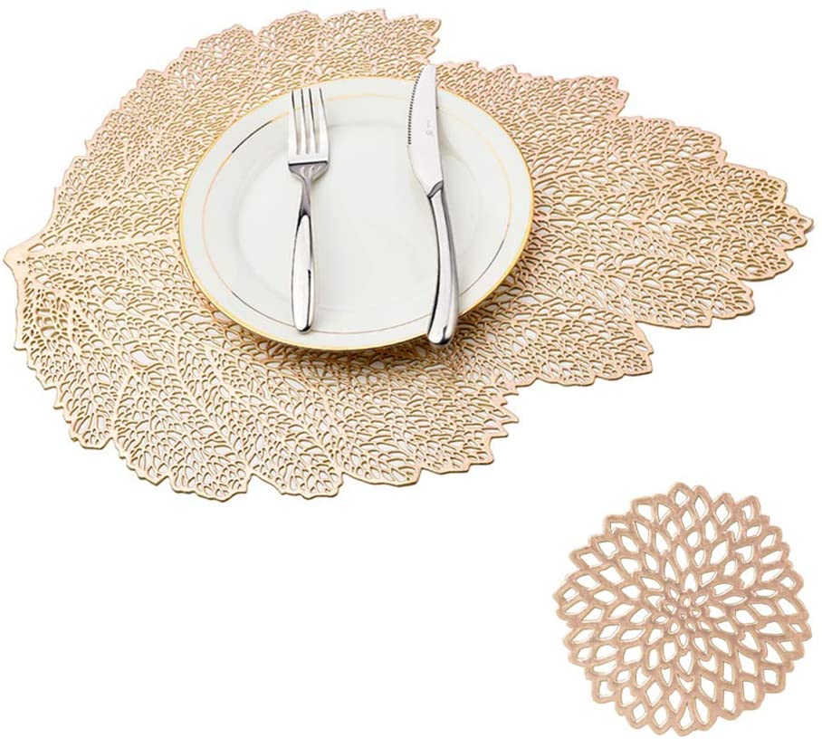 Leaf Vinyl Table Mats and Coasters Set | Eco-Friendly PVC | Gold