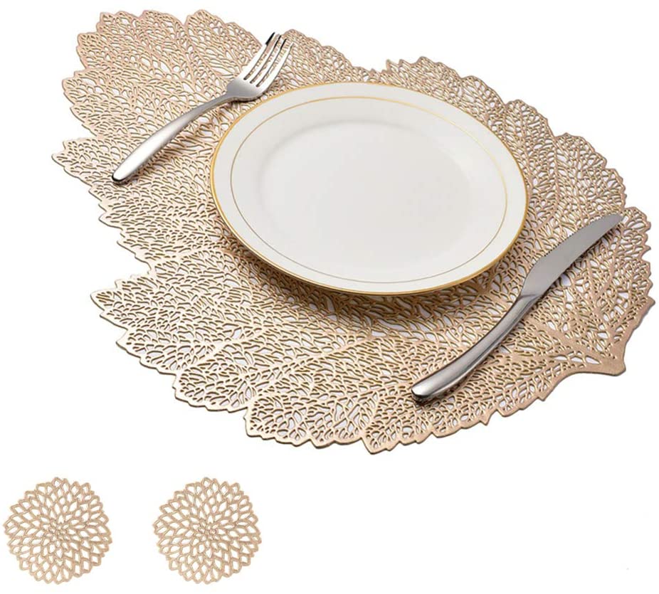 Leaf Vinyl Table Mats and Coasters Set | Eco-Friendly PVC | Gold