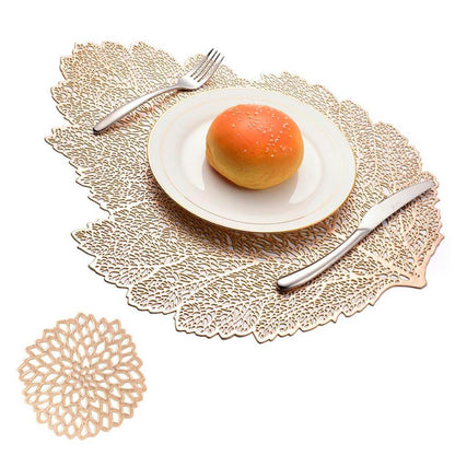 Leaf Vinyl Table Mats and Coasters Set | Eco-Friendly PVC | Gold