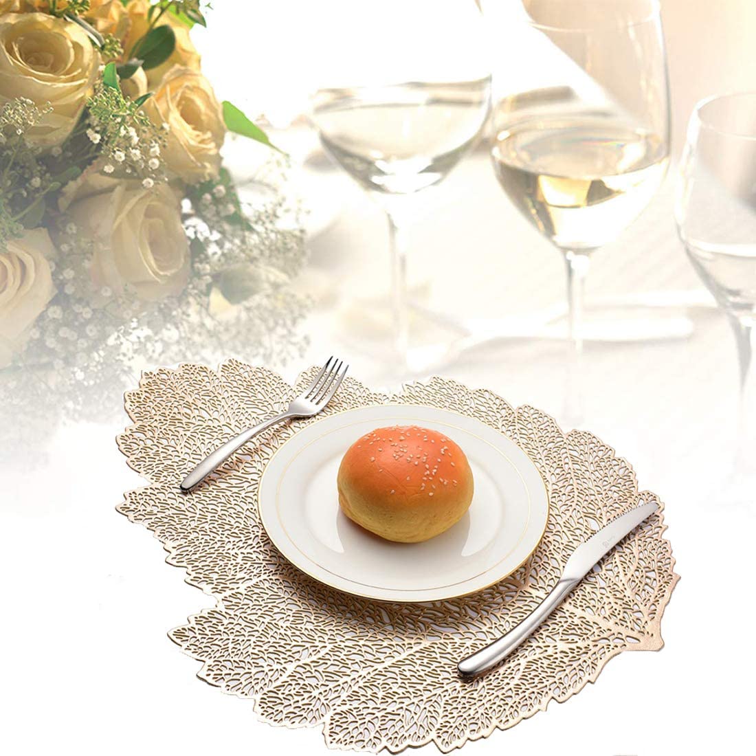 Leaf Vinyl Table Mats and Coasters Set | Eco-Friendly PVC | Gold