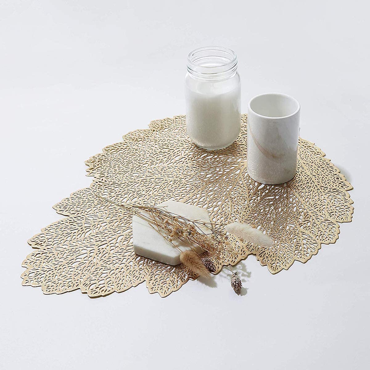 Leaf Vinyl Table Mats and Coasters Set | Eco-Friendly PVC | Gold