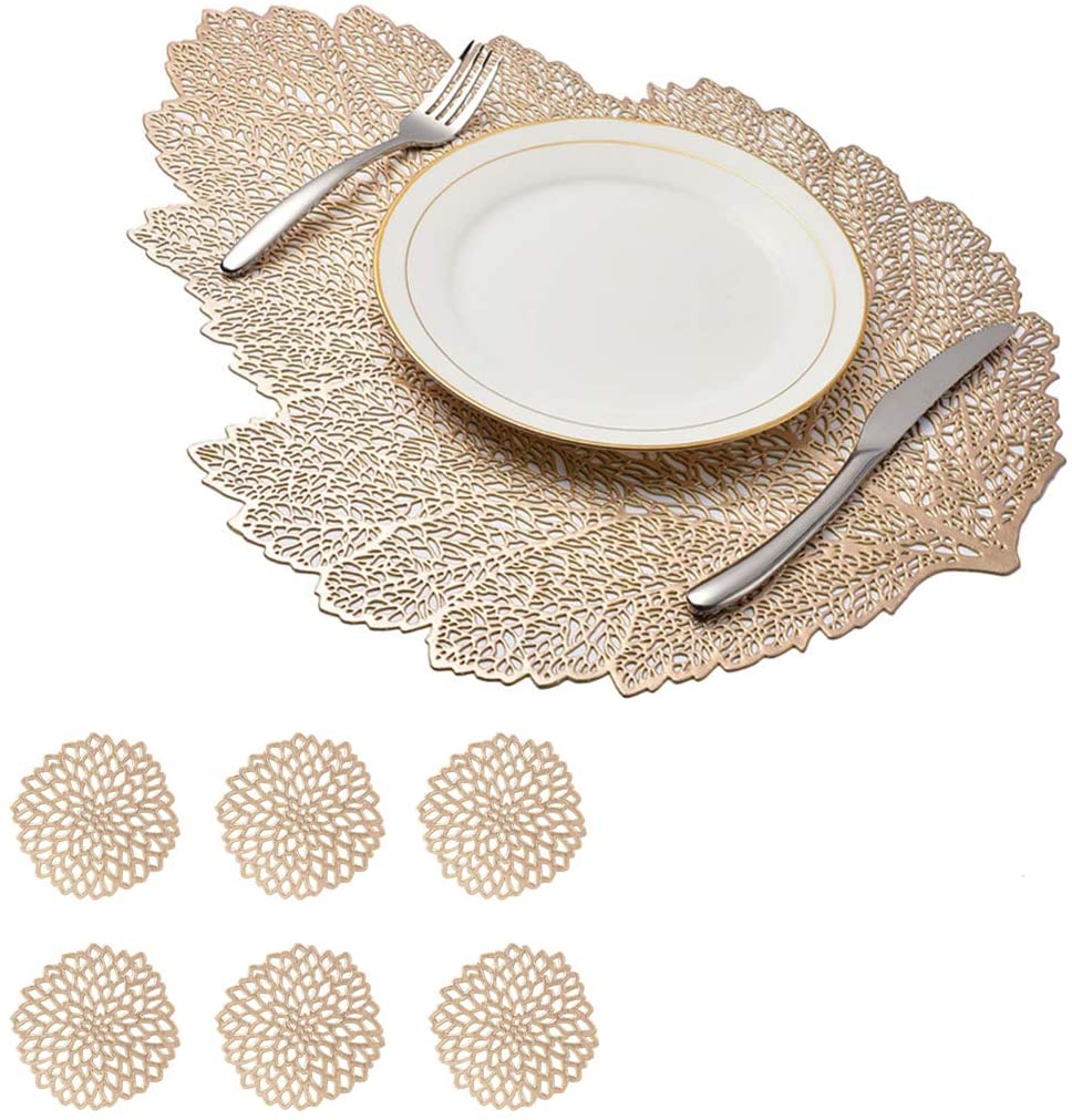 Leaf Vinyl Table Mats and Coasters Set | Eco-Friendly PVC | Gold