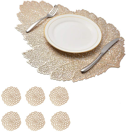 Leaf Vinyl Table Mats and Coasters Set | Eco-Friendly PVC | Gold
