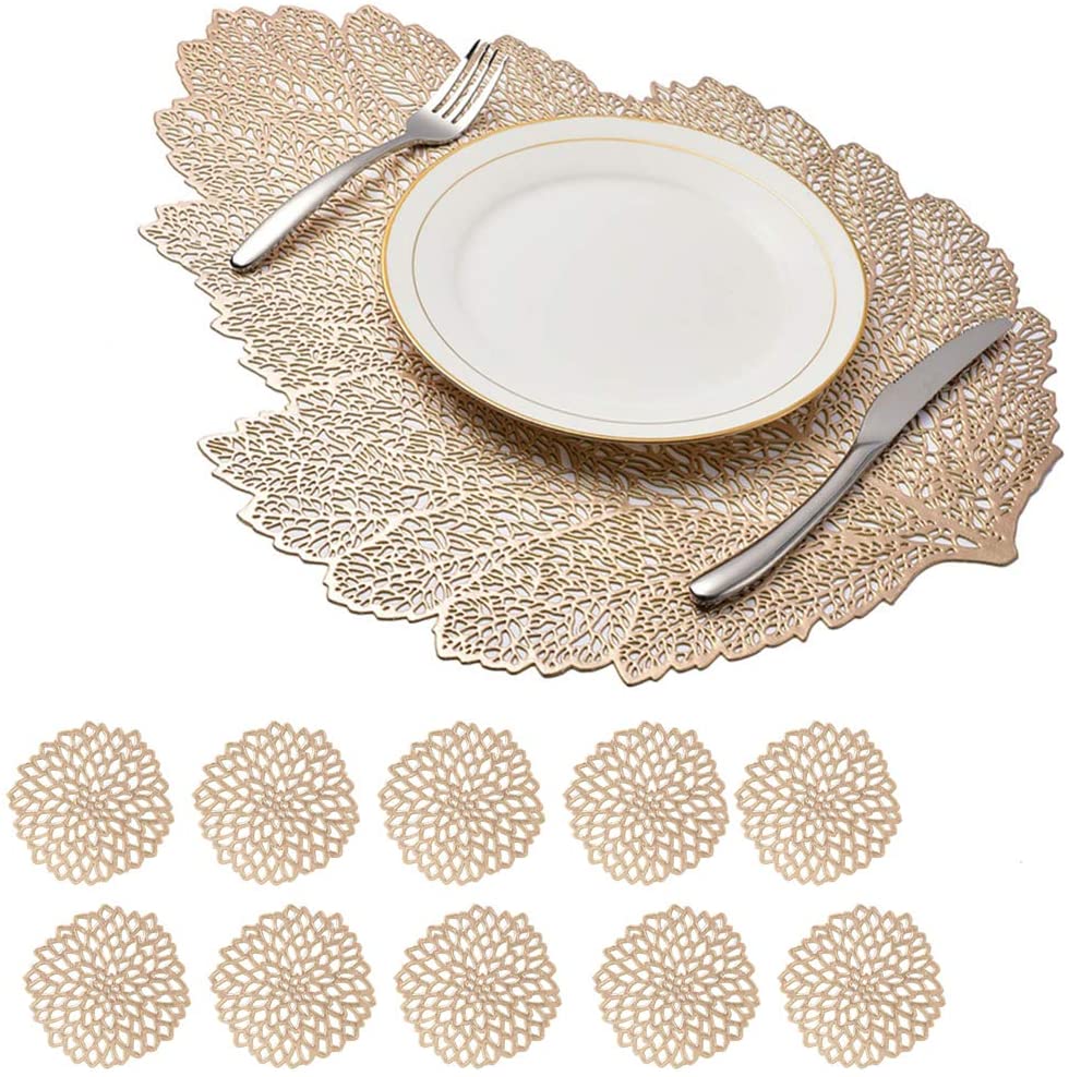 Leaf Vinyl Table Mats and Coasters Set | Eco-Friendly PVC | Gold