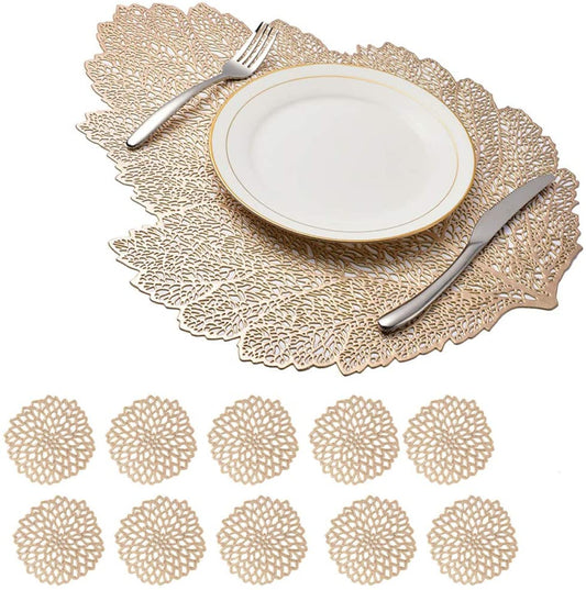 Leaf Vinyl Table Mats and Coasters Set | Eco-Friendly PVC | Gold