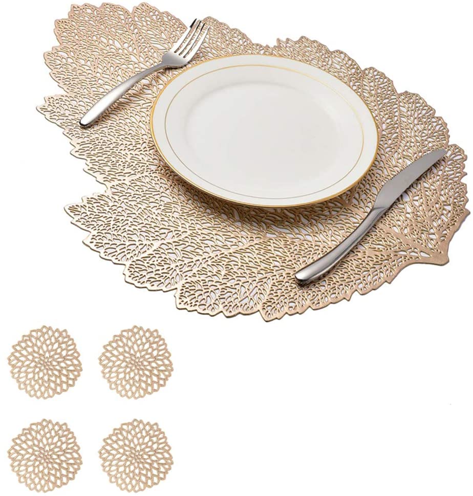 Leaf Vinyl Table Mats and Coasters Set | Eco-Friendly PVC | Gold