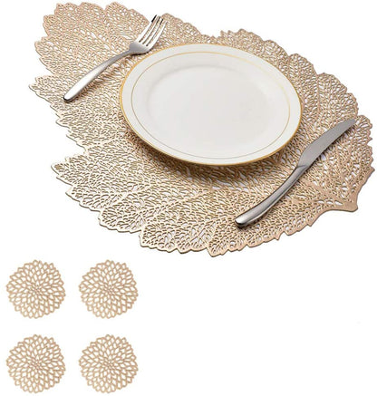 Leaf Vinyl Table Mats and Coasters Set | Eco-Friendly PVC | Gold