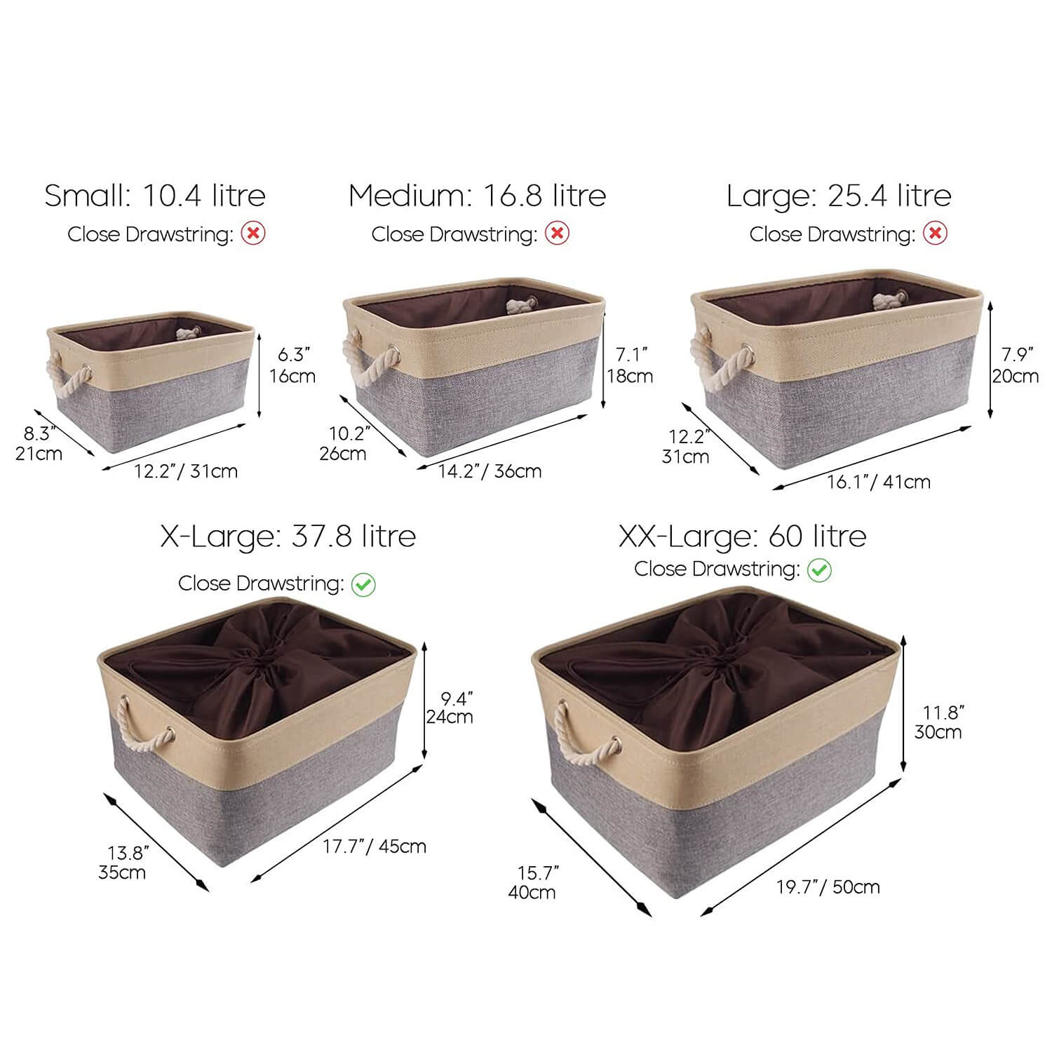 Canvas Storage Baskets | Washable Fabric | Grey | Set of 5
