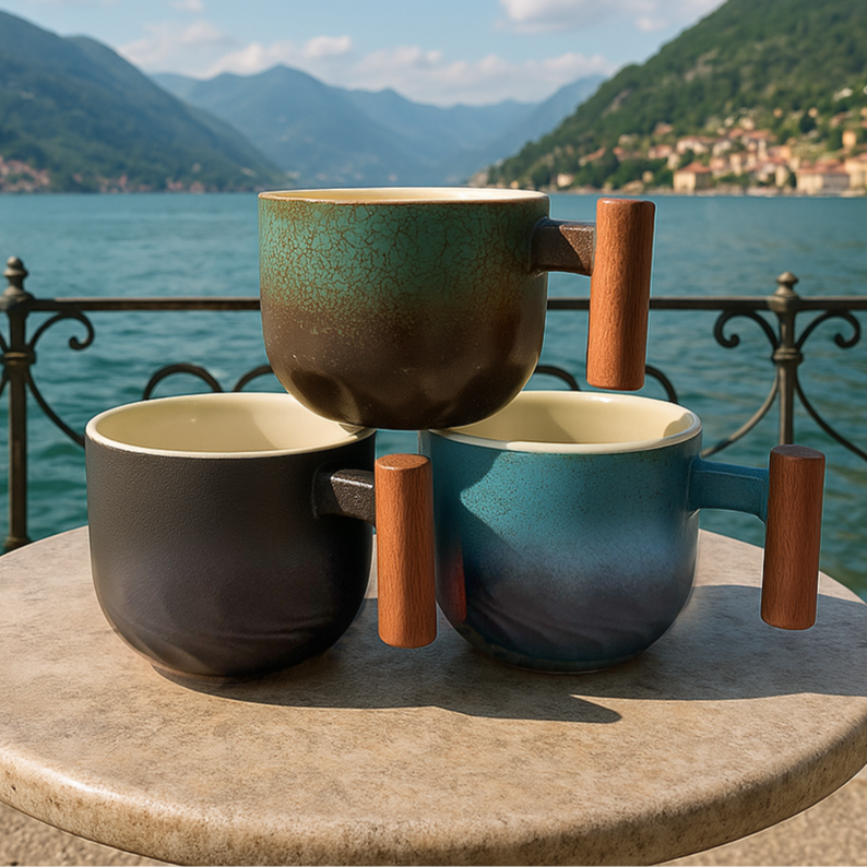 Vintage Coffee Cups With Wooden Handle