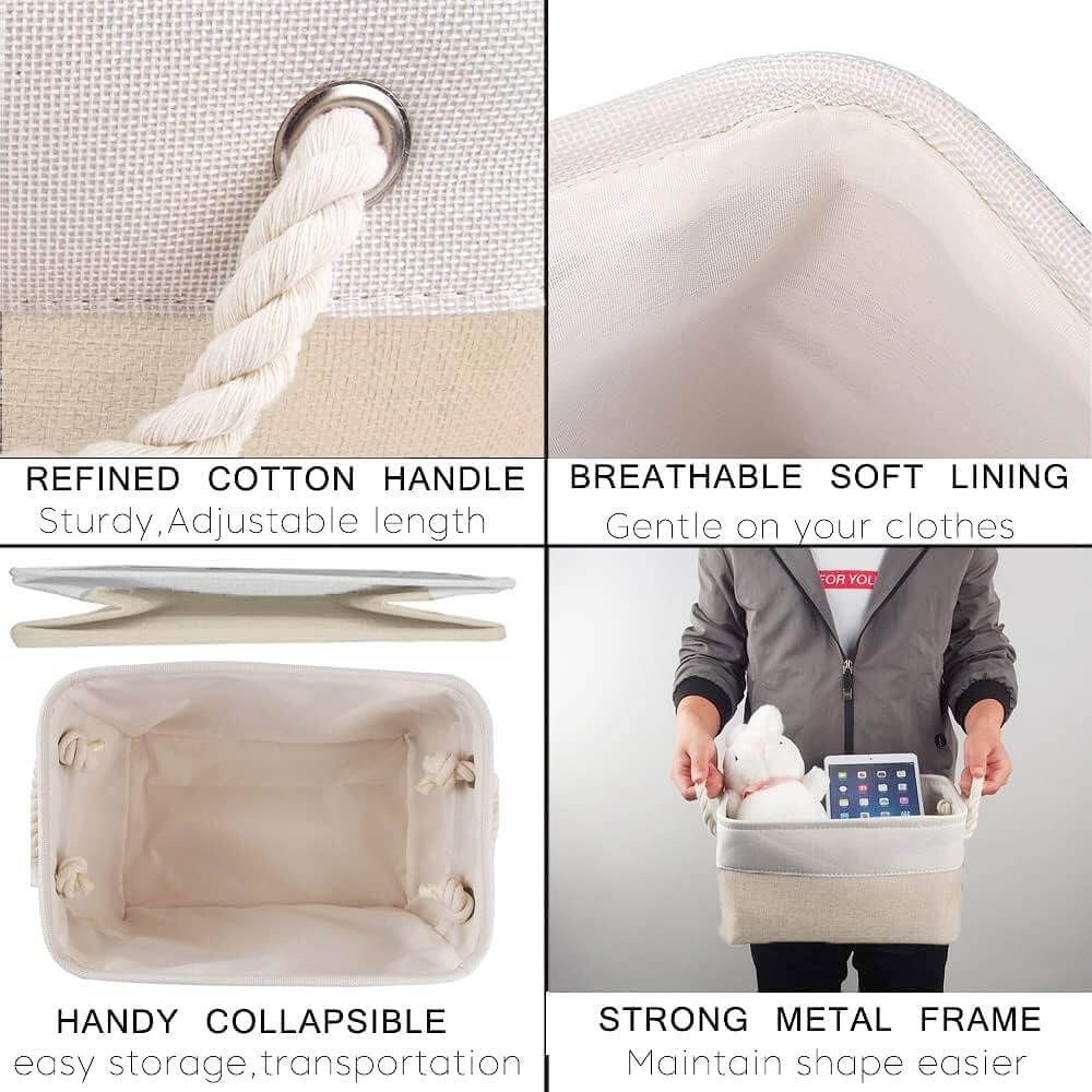Fabric Storage Baskets | White & Khaki Rope Handles | Set of 5