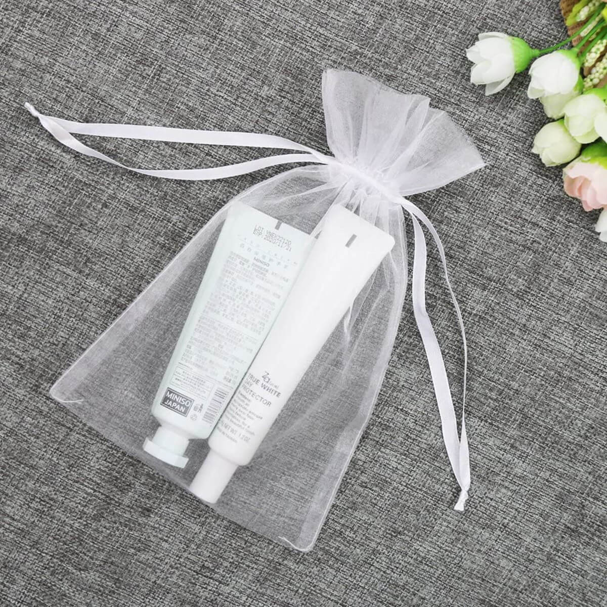 Organza Gift Bags | Transparent Drawstring | Pack of 10, White