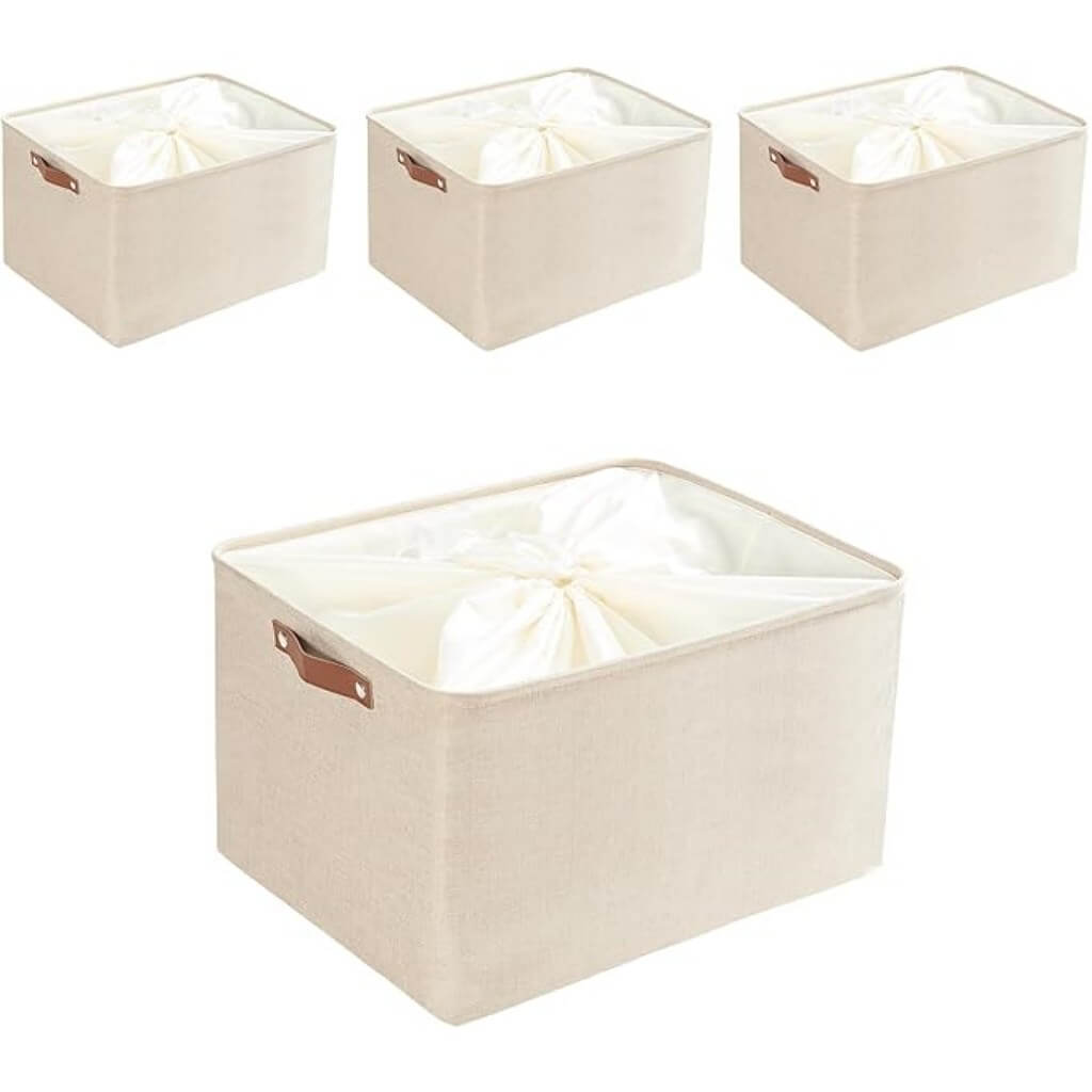 Collapsible Storage Box | Durable Linen with Leather Handles | Beige