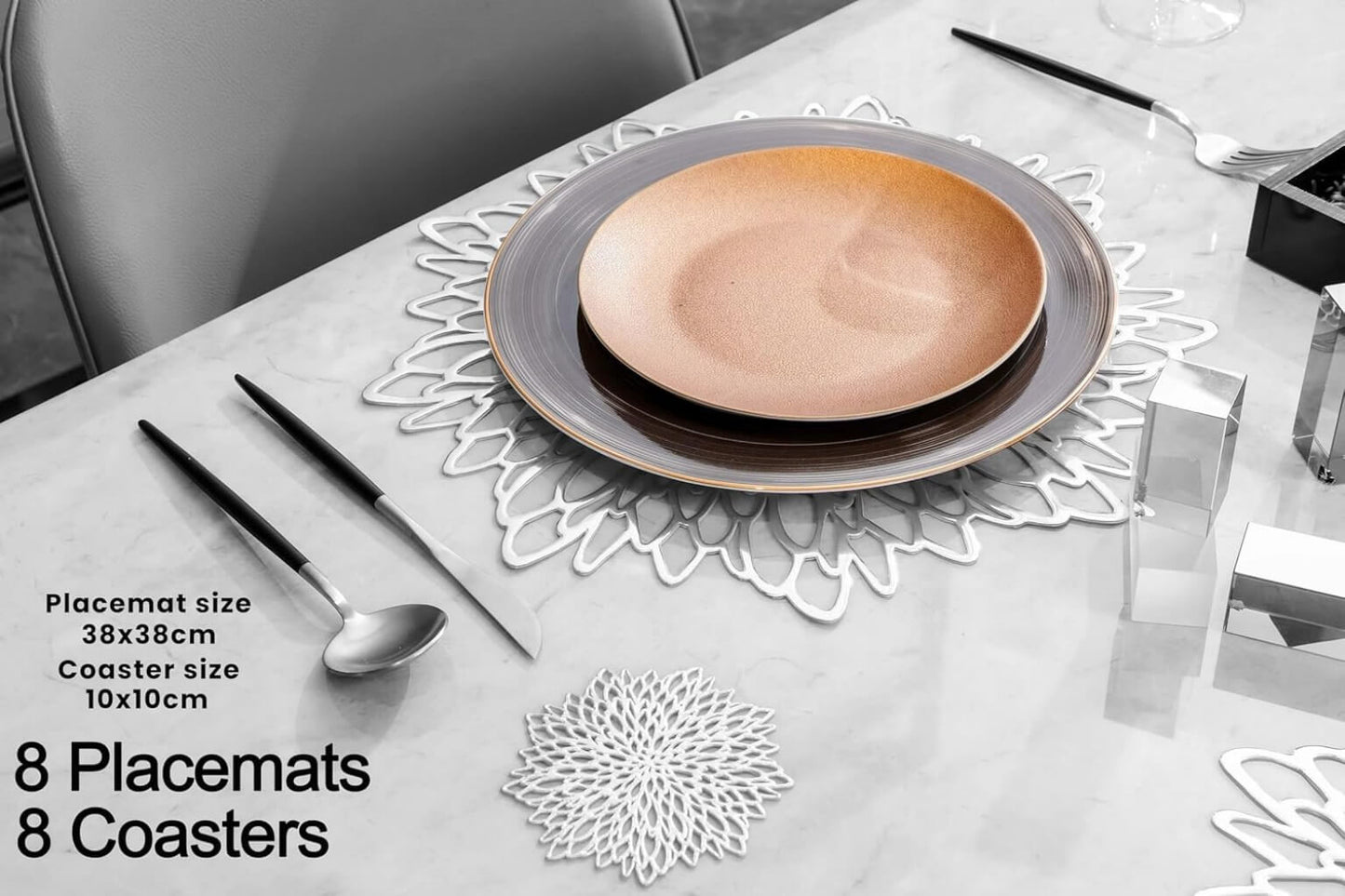 Round Silver Placemats & Coaster Set | Durable Pressed Vinyl | 15.5"
