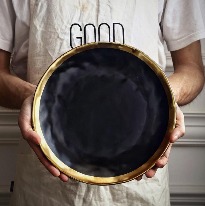 Pearl Plate Set | Handmade Fine Porcelain | Gold Rimmed, Cream & Black