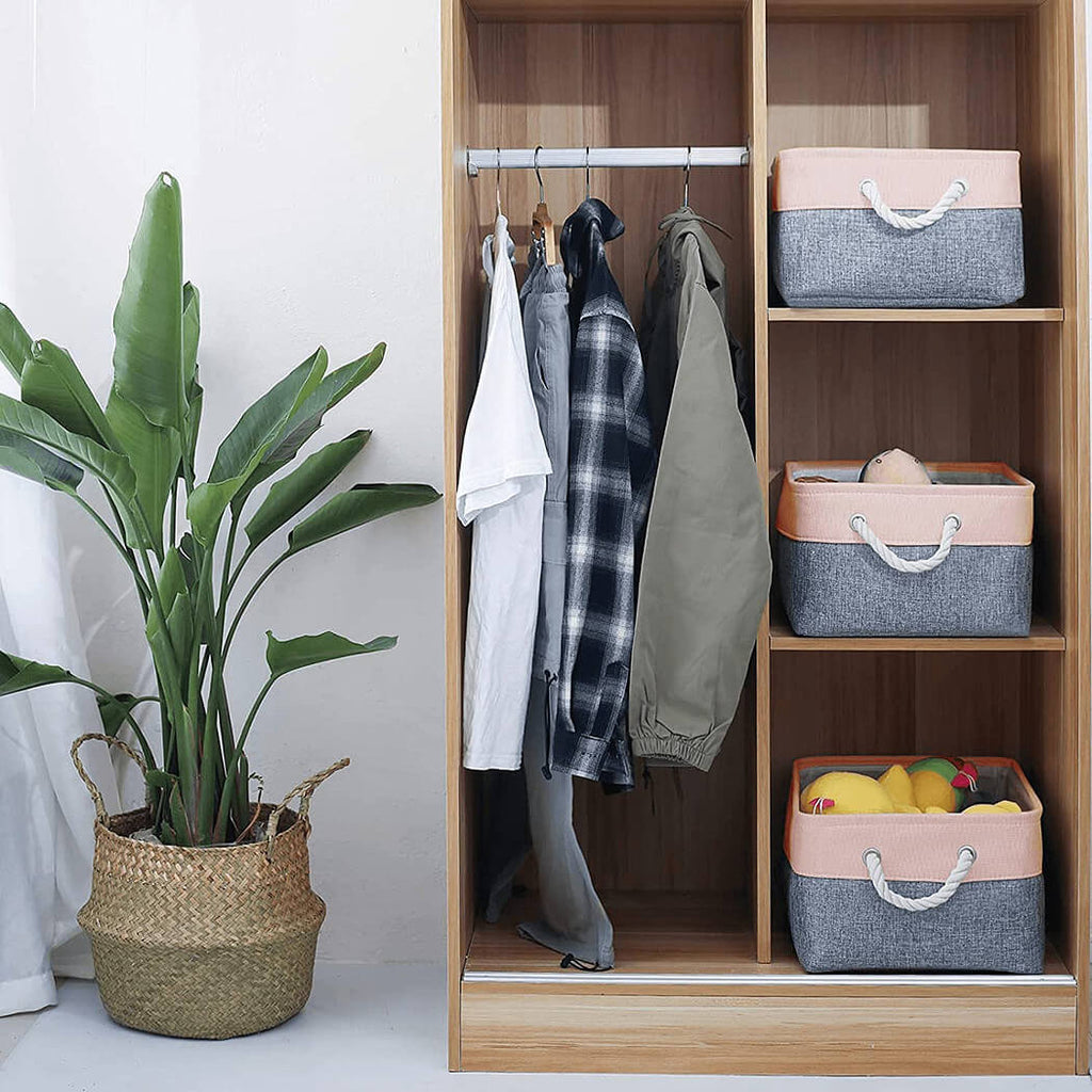 Storage Baskets Set | Durable Linen & EVA | Grey/Pink, 42x32x25cm