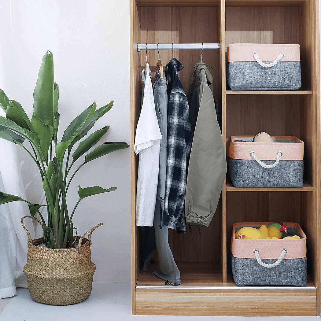 Storage Baskets Set | Durable Linen & EVA | Grey/Pink, 42x32x25cm