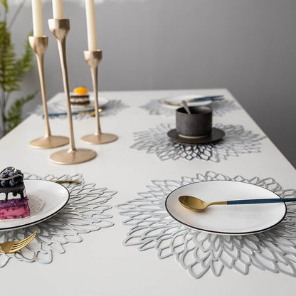 Round Dahlia Placemats | Durable Stain Resistant | Metallic Gold/Silver, 15.5"