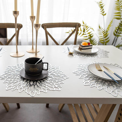Round Dahlia Placemats | Durable Stain Resistant | Metallic Gold/Silver, 15.5"