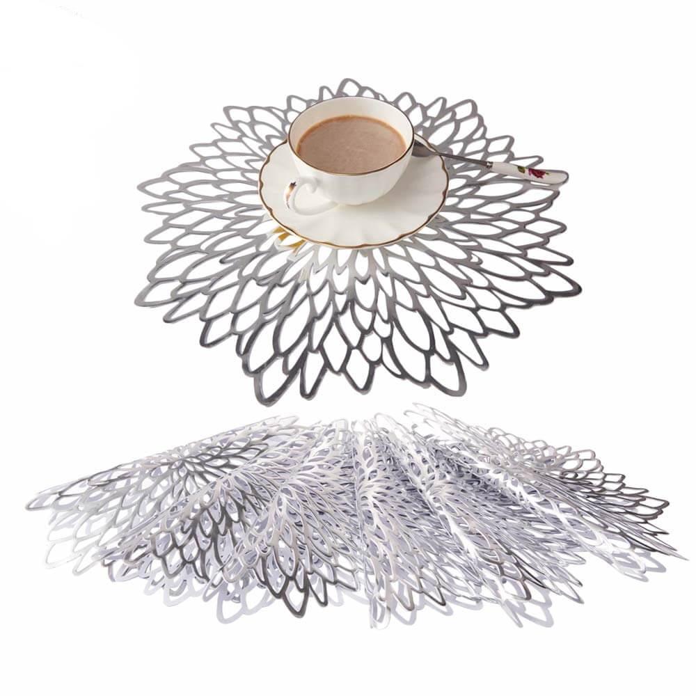 Round Dahlia Placemats | Durable Stain Resistant | Metallic Gold/Silver, 15.5"