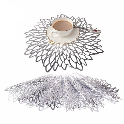 Round Dahlia Placemats | Durable Stain Resistant | Metallic Gold/Silver, 15.5"