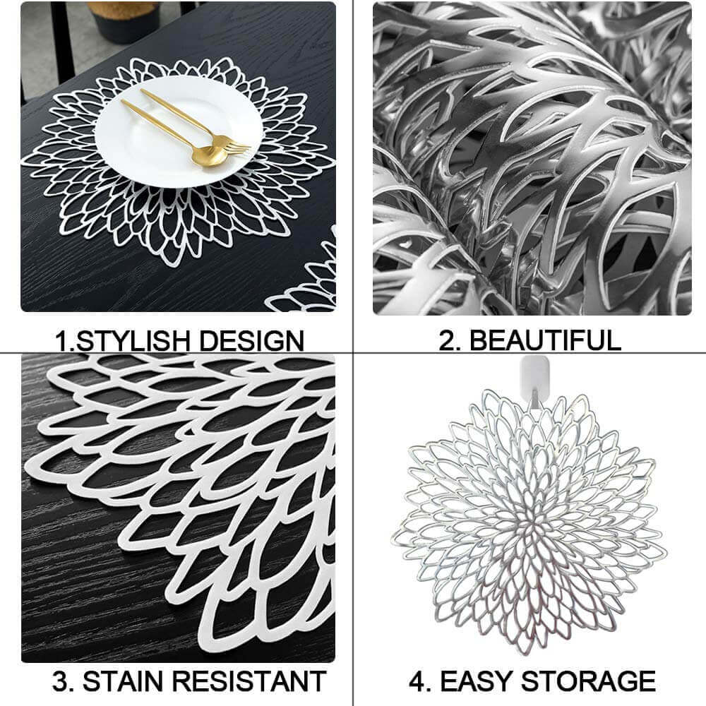 Round Dahlia Placemats | Durable Stain Resistant | Metallic Gold/Silver, 15.5"