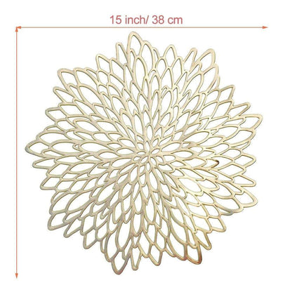 Round Dahlia Placemats | Durable Stain Resistant | Metallic Gold/Silver, 15.5"