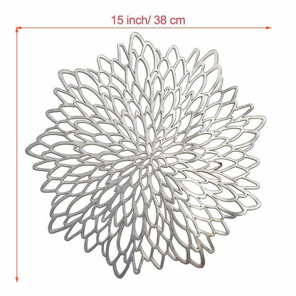 Round Dahlia Placemats | Durable Stain Resistant | Metallic Gold/Silver, 15.5"