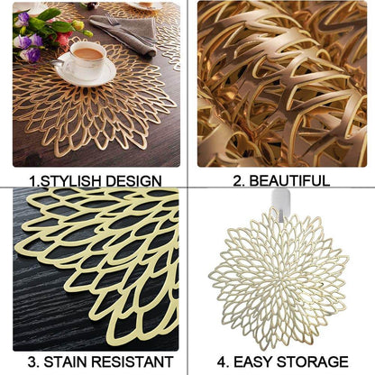 Round Dahlia Placemats | Durable Stain Resistant | Metallic Gold/Silver, 15.5"
