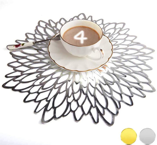 Round Dahlia Placemats | Durable Stain Resistant | Metallic Gold/Silver, 15.5"