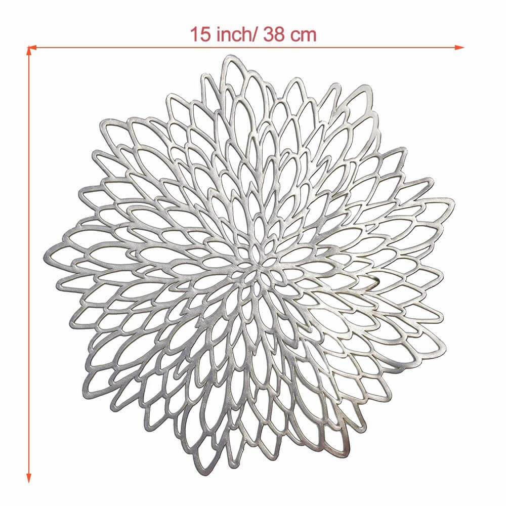 Round Dahlia Placemats | Durable Stain Resistant | Metallic Gold/Silver, 15.5"