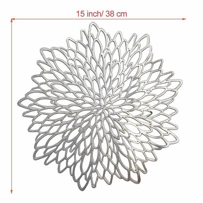 Round Dahlia Placemats | Durable Stain Resistant | Metallic Gold/Silver, 15.5"