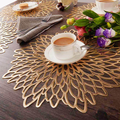 Round Dahlia Placemats | Durable Stain Resistant | Metallic Gold/Silver, 15.5"