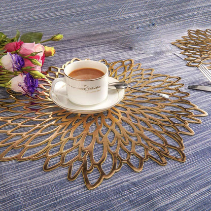 Round Dahlia Placemats | Durable Stain Resistant | Metallic Gold/Silver, 15.5"