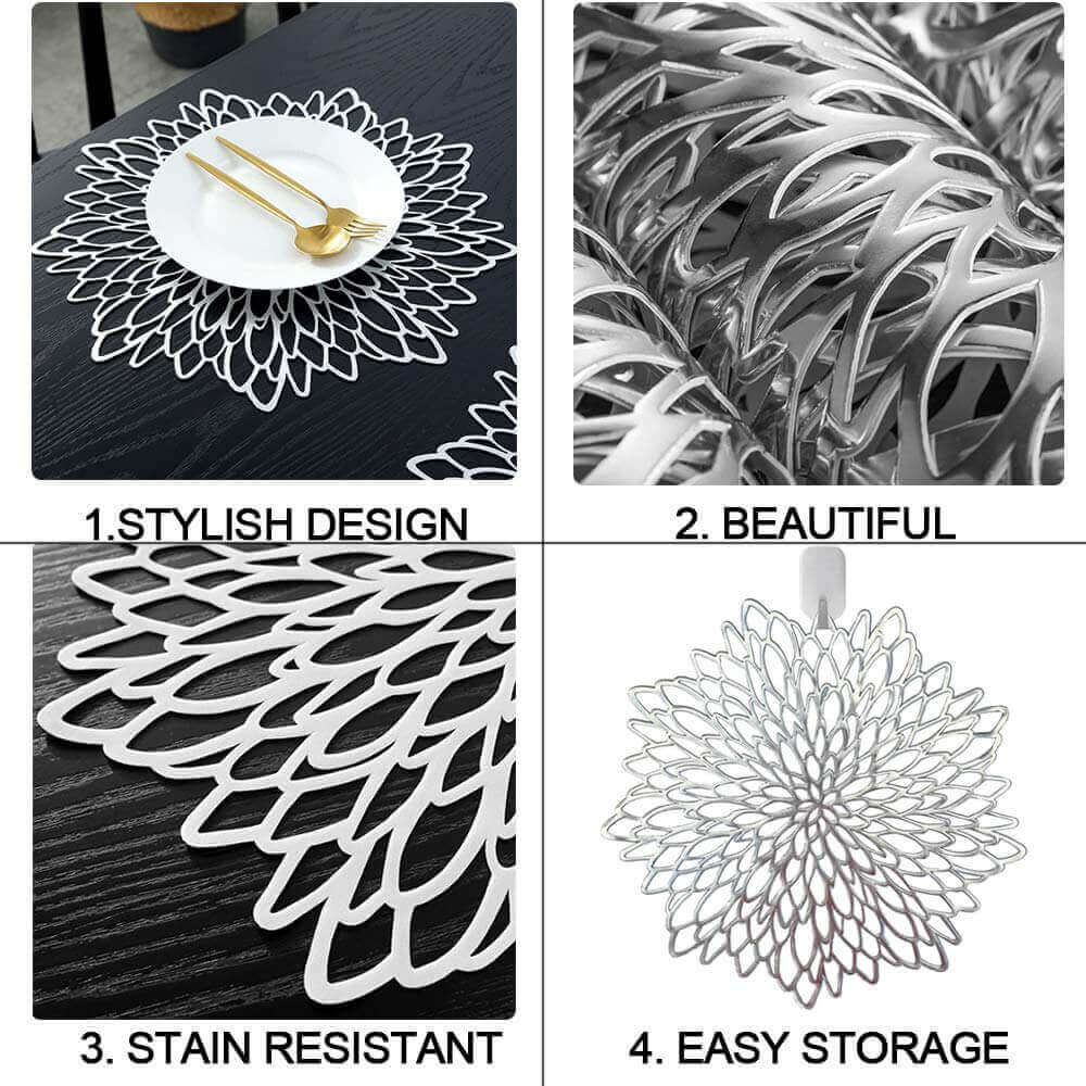 Round Dahlia Placemats | Durable Stain Resistant | Metallic Gold/Silver, 15.5"